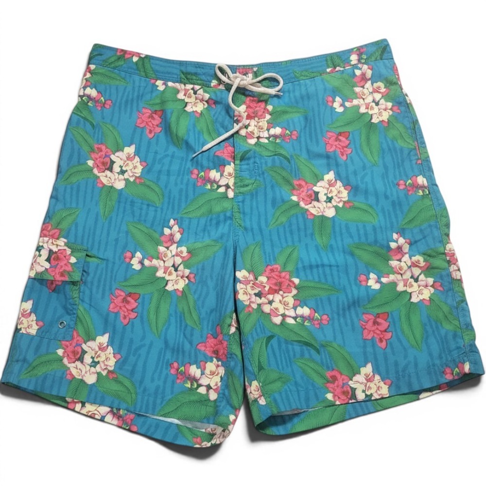Polo‎ Ralph Lauren Mens Swim Trunks XXL Teal Blue Tropical Floral Hibiscus Cargo